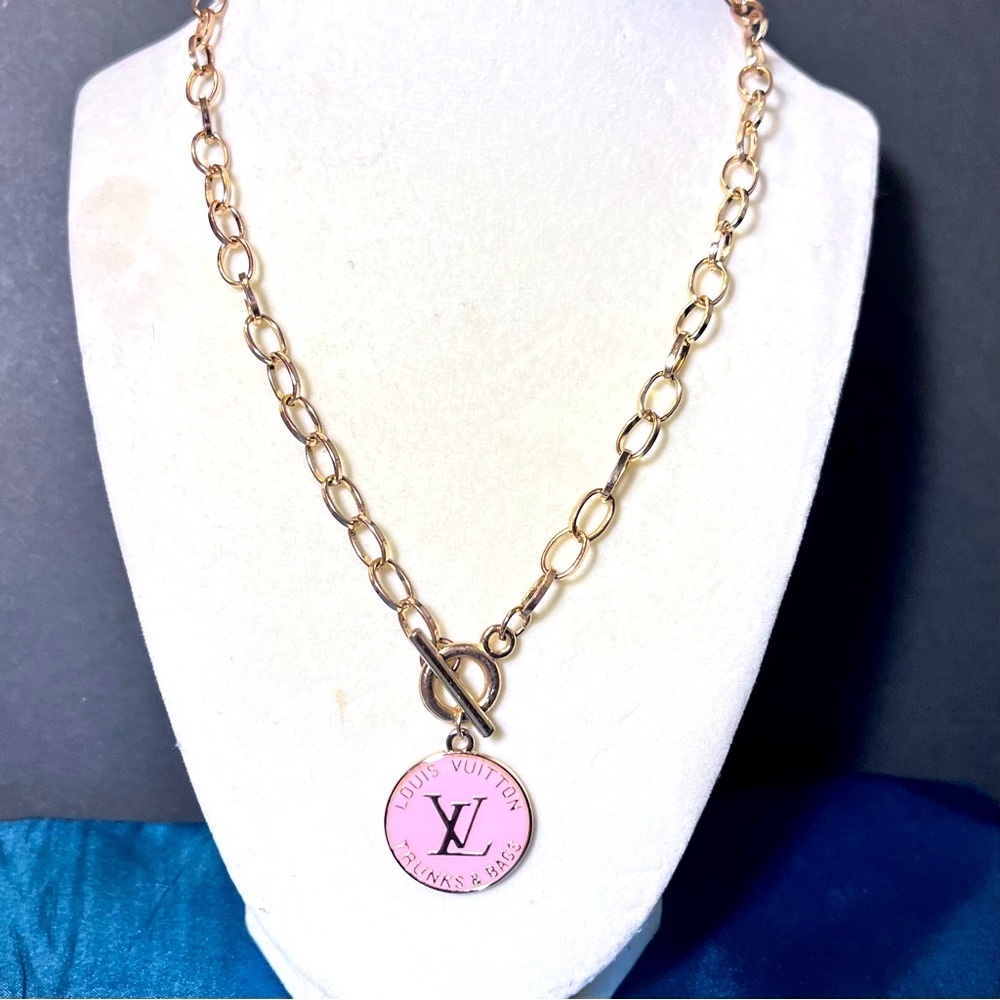 Louis Vuitton pink trunks & bags zip charm pendant necklace GP rolo chunky chain